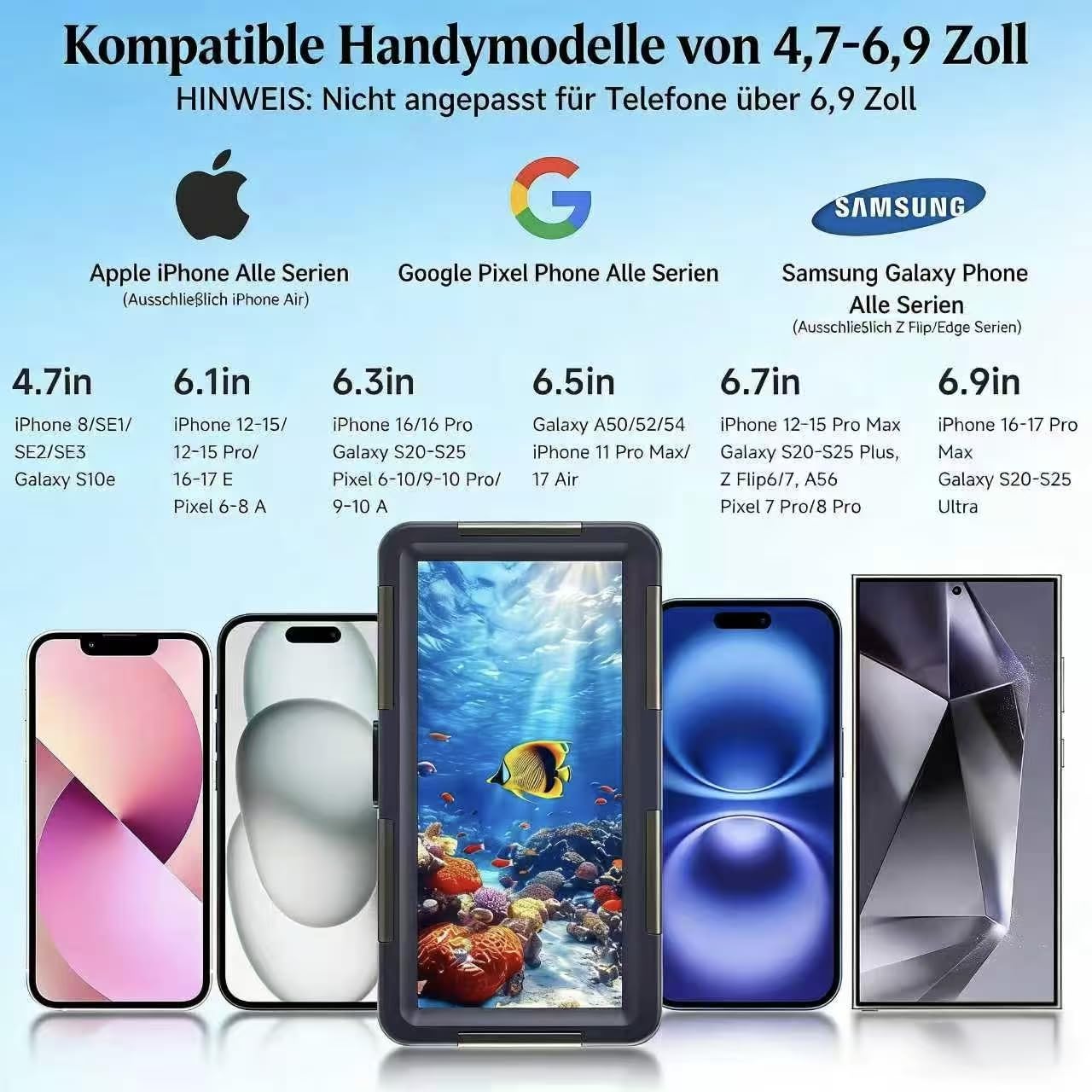 Wasserdichte Handyhülle 15 m Unterwasser-Handyhülle für iPhone 16/15/14/13/12/11 Galaxy S24/S23/S22/S21