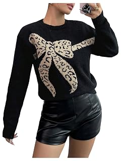 SHENHE Womens Leopard Bow Sweater Long Sleeve Crew Neck Trendy Fall Sweaters