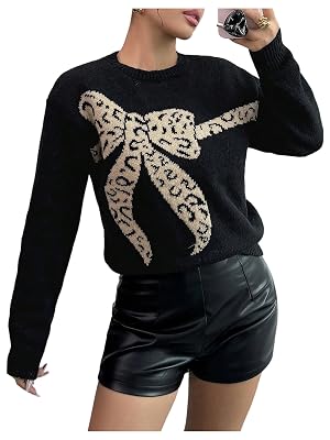 SHENHE Womens Leopard Bow Sweater Long Sleeve Crew Neck Trendy Fall Sweaters
