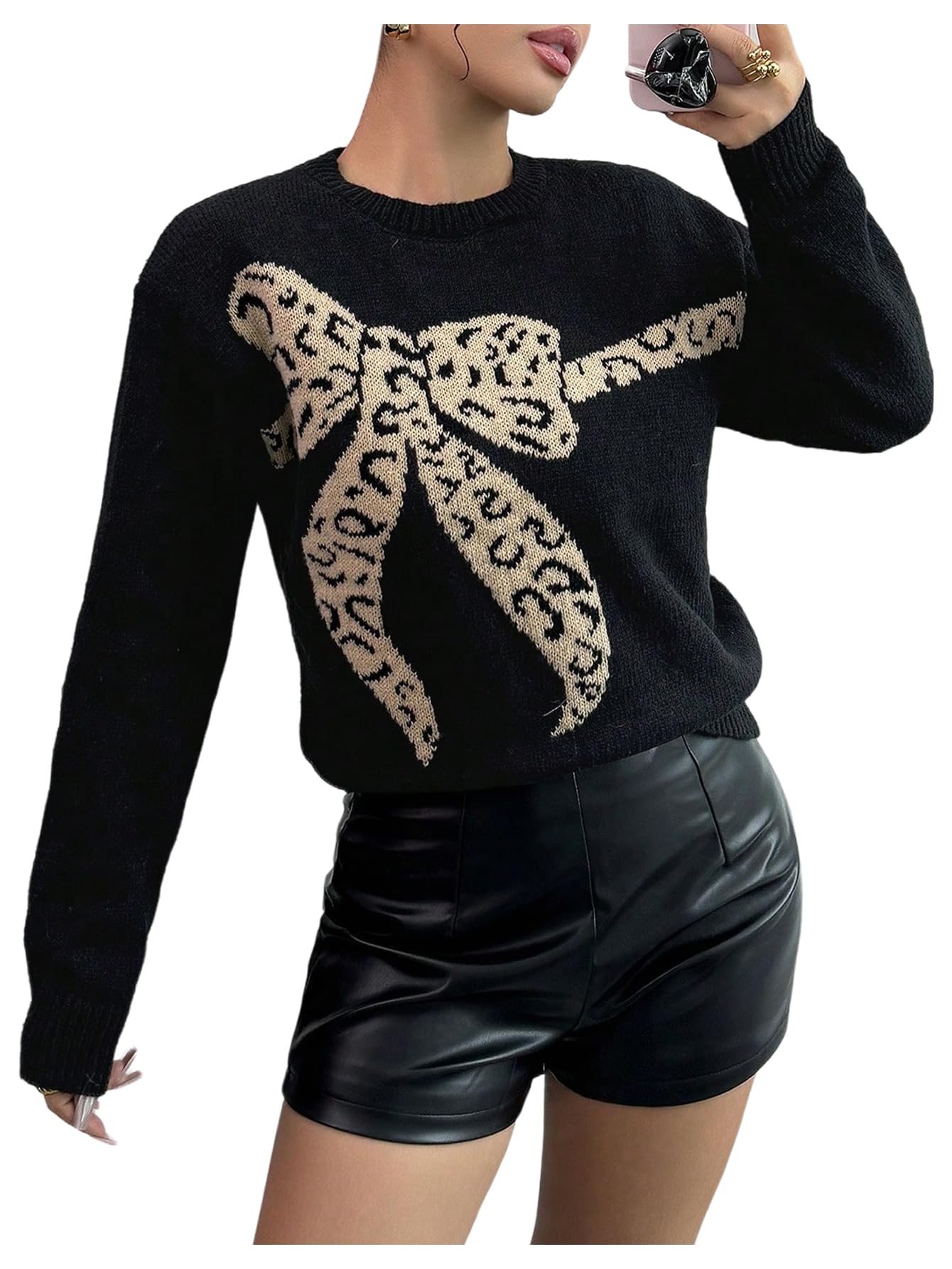 SHENHE Womens Leopard Bow Sweater Long Sleeve Crew Neck Trendy Fall Sweaters