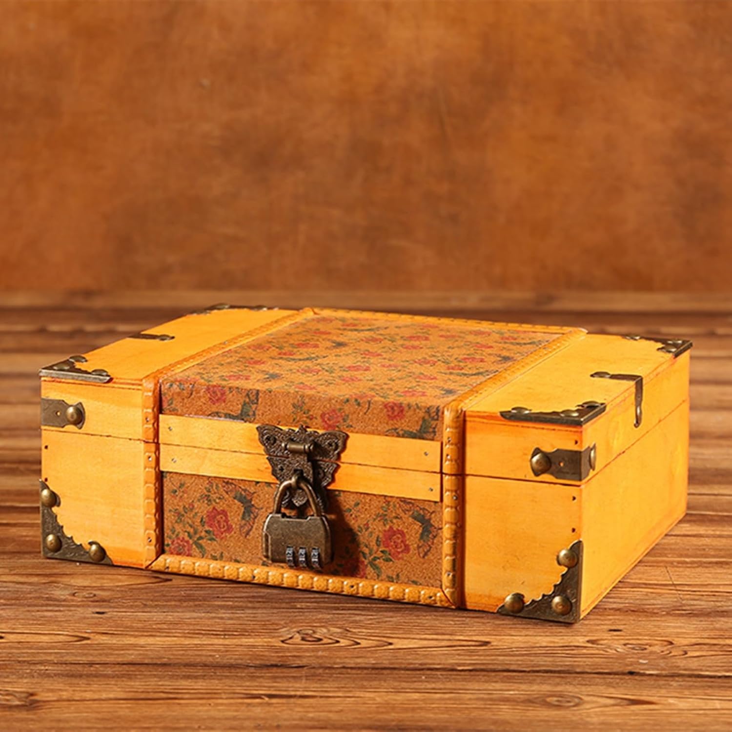 Wood Treasure Chest Antique Old Wooden Jewellery Storage Box Decor Storage Chest(A)