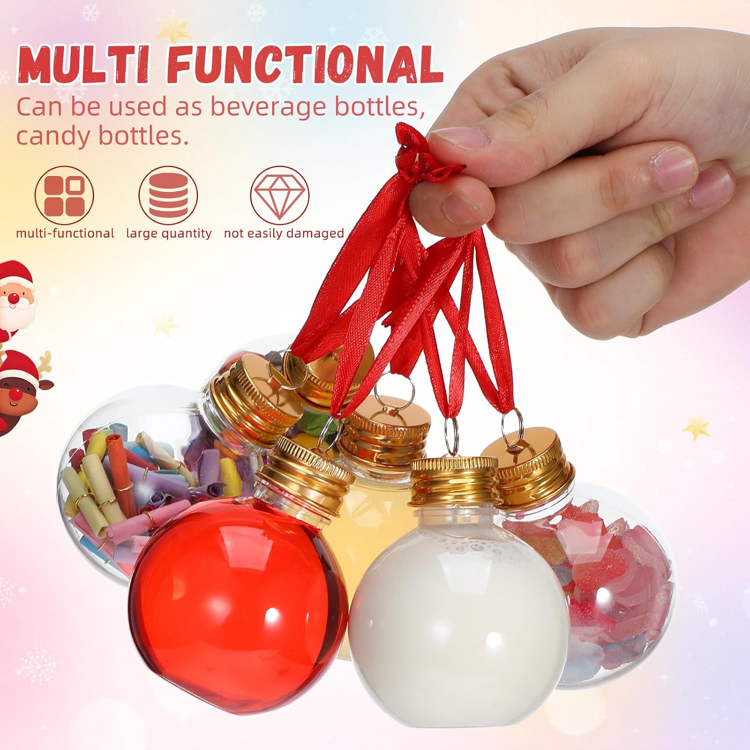10pcs Bulb-shaped round Candy Bottles with Leak-proof Spill Proof Lids, Gold-tone Plastic Bottles for Christmas Tree Decoration Pendant or Holiday Party Favors