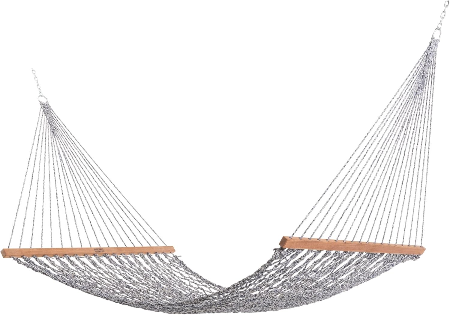 Nags Head Hammocks Single Navy/Oatmeal Heirloom Tweed DuraCord Rope Hammock – 12 ft. x 50 in., 450 lb Capacity, Cumaru Spreader Bar, Galvanized Hardware, Handcrafted in USA, Free Chains & Tree Hooks