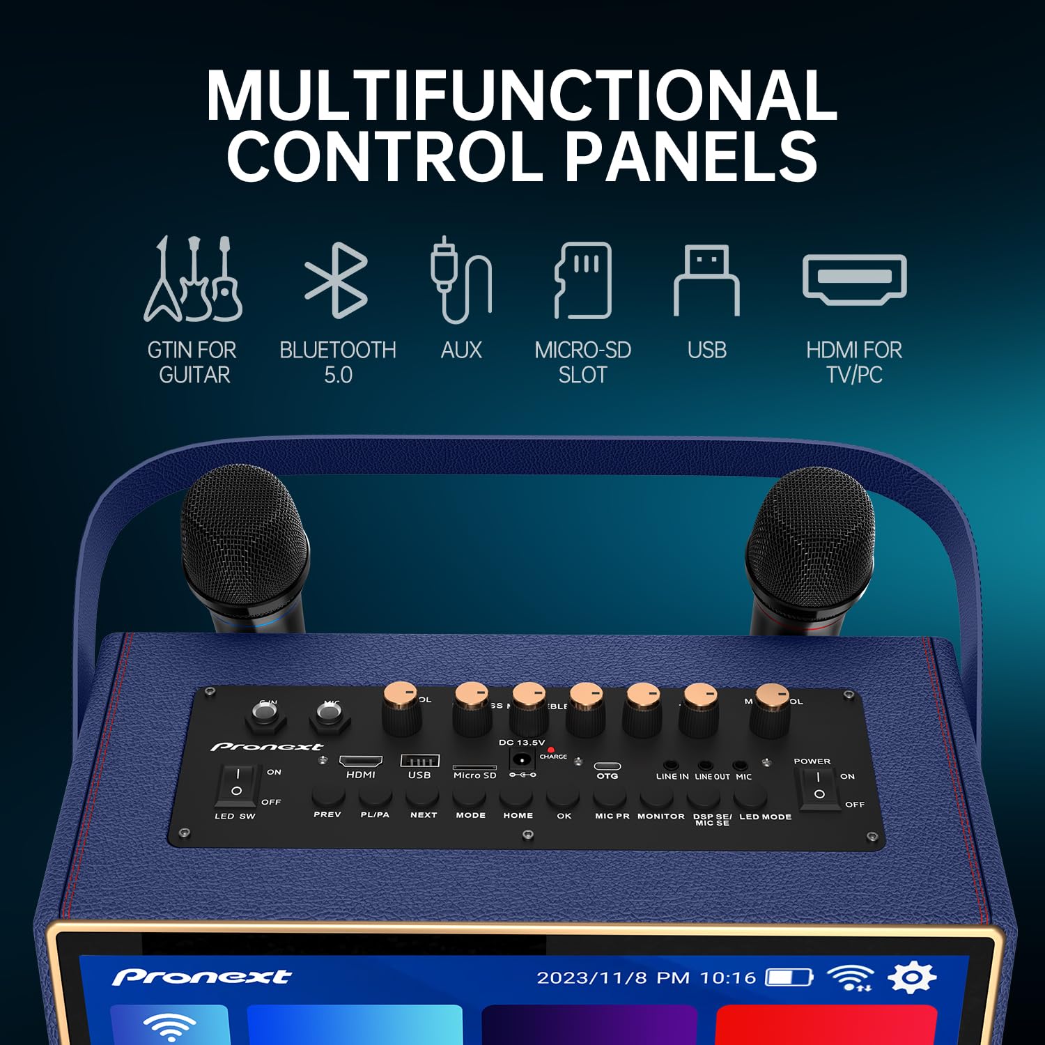 PRONEXT Macchina per karaoke con schermo di visualizzazione testi per adulti, altoparlante Bluetooth con 2 microfoni UHF ricaricabili, tablet da 14 pollici, potenza di picco 800 W, luci DJ, sistema