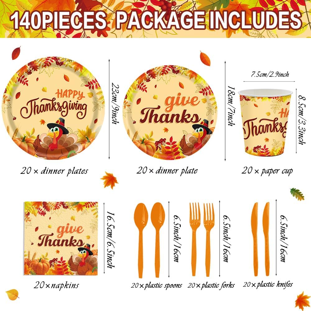 140Pcs, Thanksgiving Day Tableware Set Happy Thanksgiving Party Supplies Dinnerware Set Paper Plates, Cup, Napkins, Knife, Fork And Spoon, Turkey Maple Pumpkin Fall Party Decorations, For 20 Guests