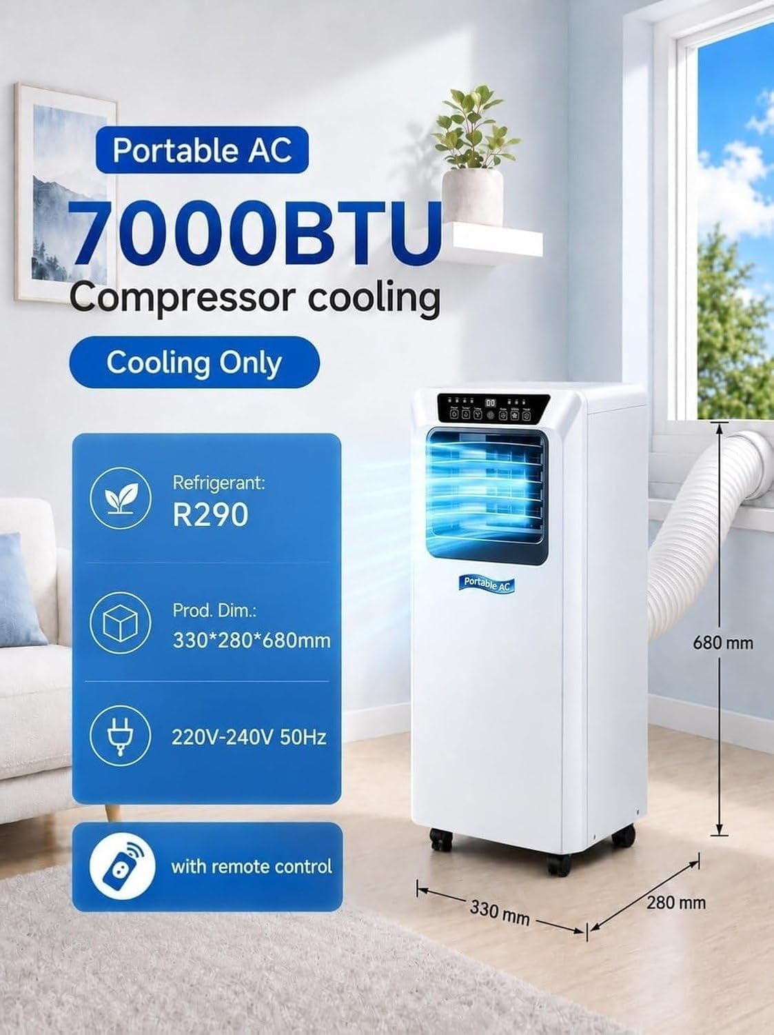 Aire Acondicionado Portátil 3 en 1 Ventilador Deshumidificador 7000BTU con Mando y Temporizador 24H, Enfriamiento Potente para Hogar Oficina Dormitorio 16-24 m², (7000btu), (7000BTU)