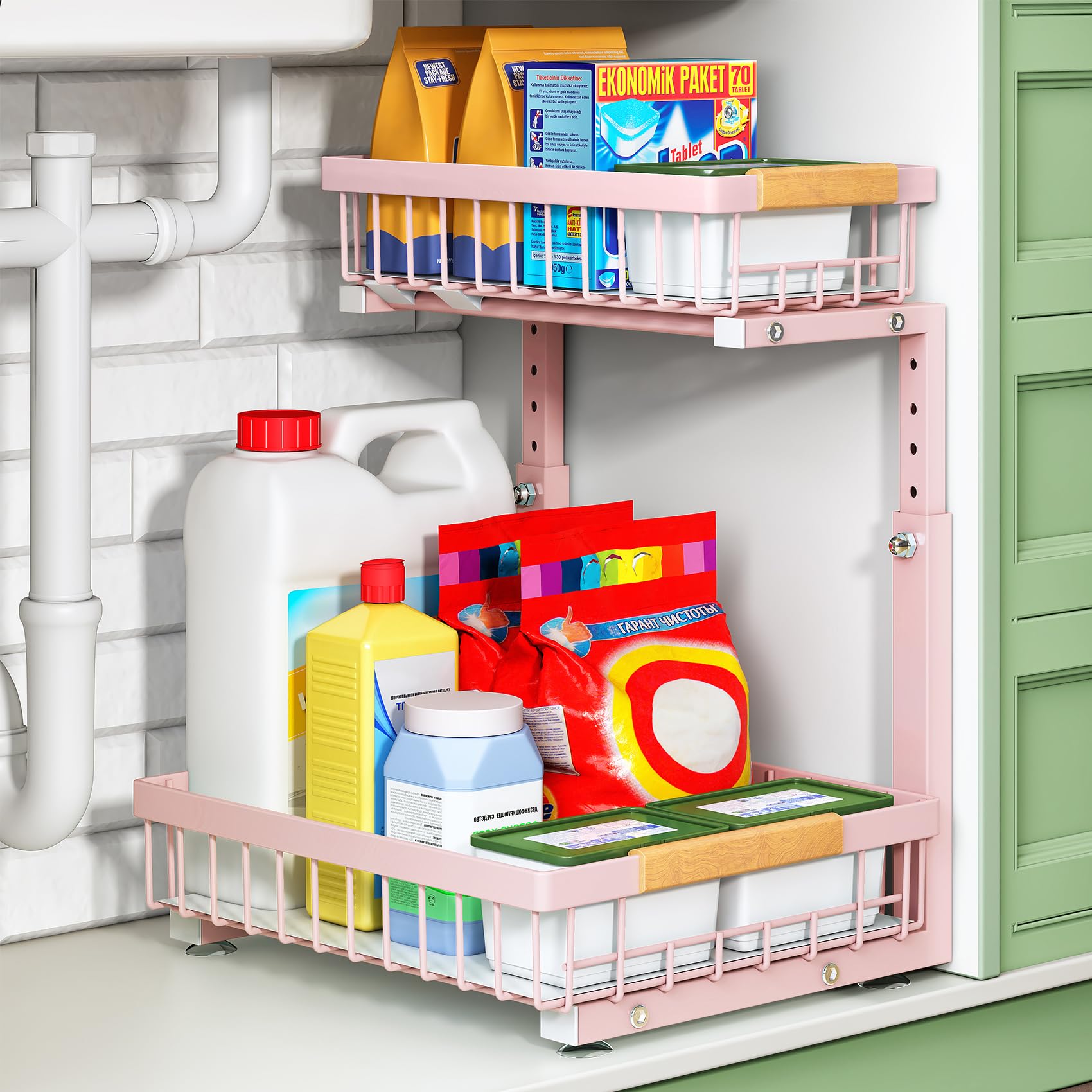 Kitstorack Under Sink Organizer, 2 Tier Under the Sink Storage, Slide out Pull out Cabinet Organizer Shelf, Metal Sliding Drawer for Kitchen Bathroom Pantry Closet Organization Rack, Pink, 1 Pack