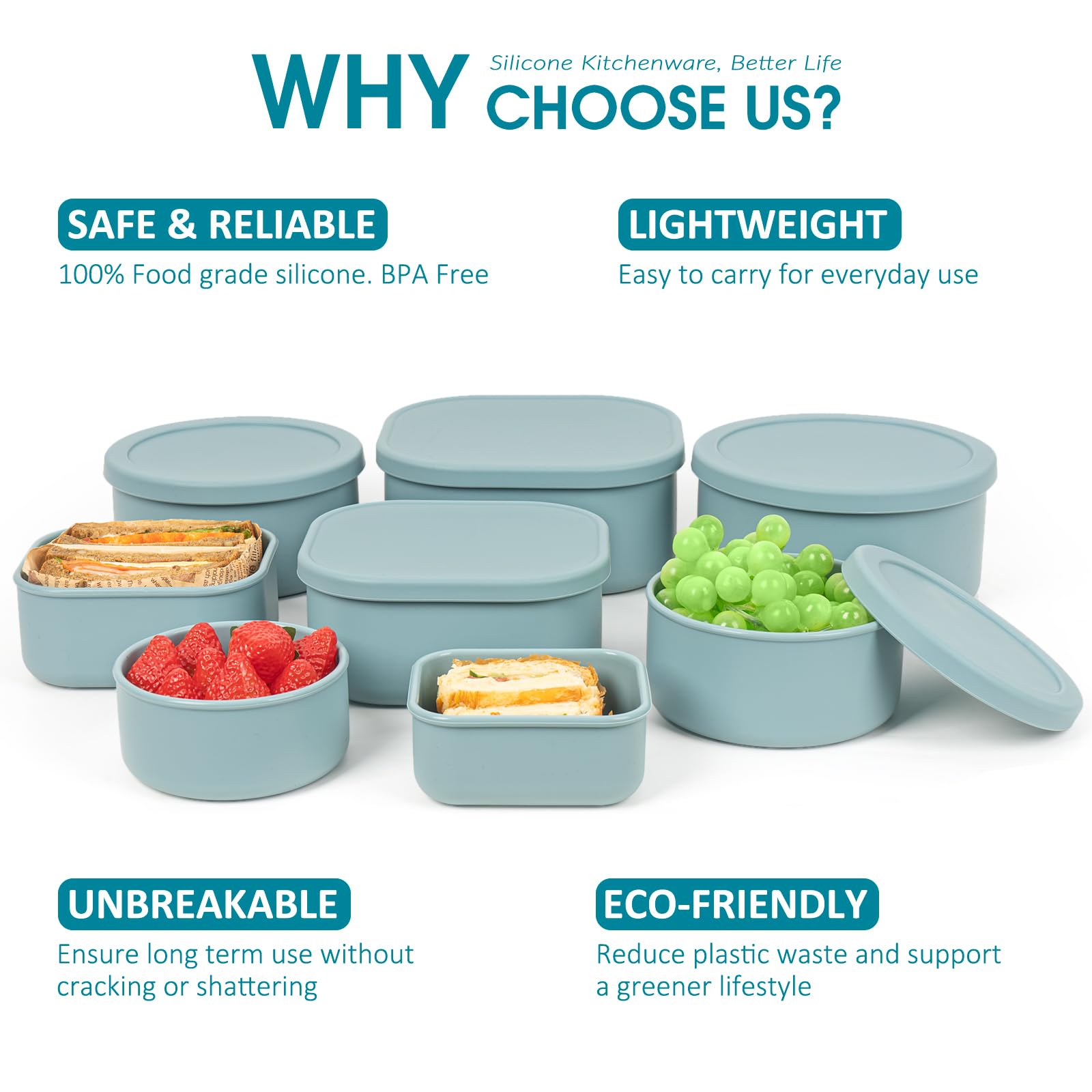 Frischhaltedosen aus 100 % Silikon mit Deckel, 8 Stück, 284 ml bis 1,4 l, wiederverwendbar, auslaufsicher, stapelbar, Bento-Lunchbox, mikrowellen-, gefriergeeignet, spülmaschinenfest, BPA-frei