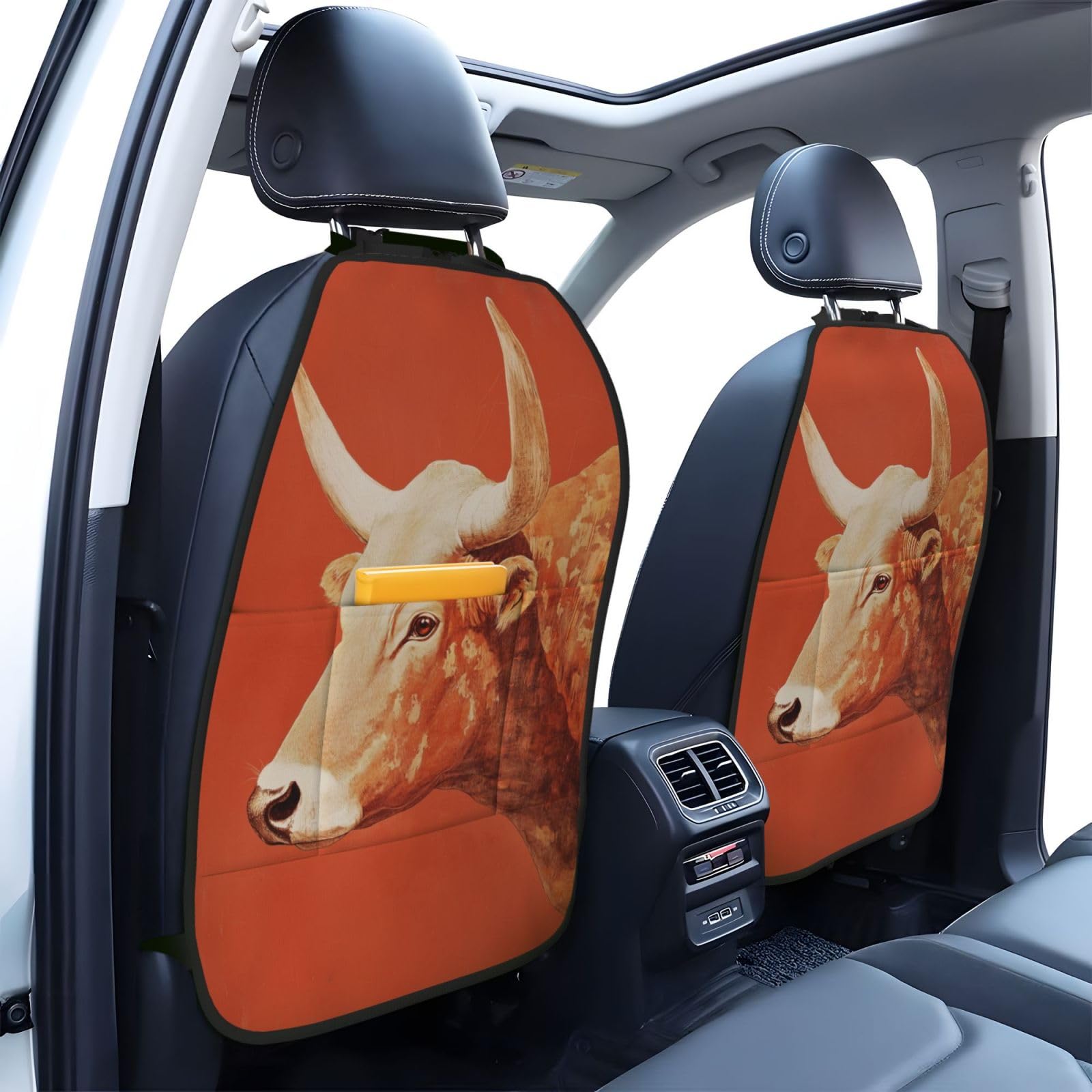Bull Head Vintage Car Seat Back Kick Protectors,2 Pack Kick Mats with Storage Pockets for Vehicles to Protect from Dirt Mud Scratches