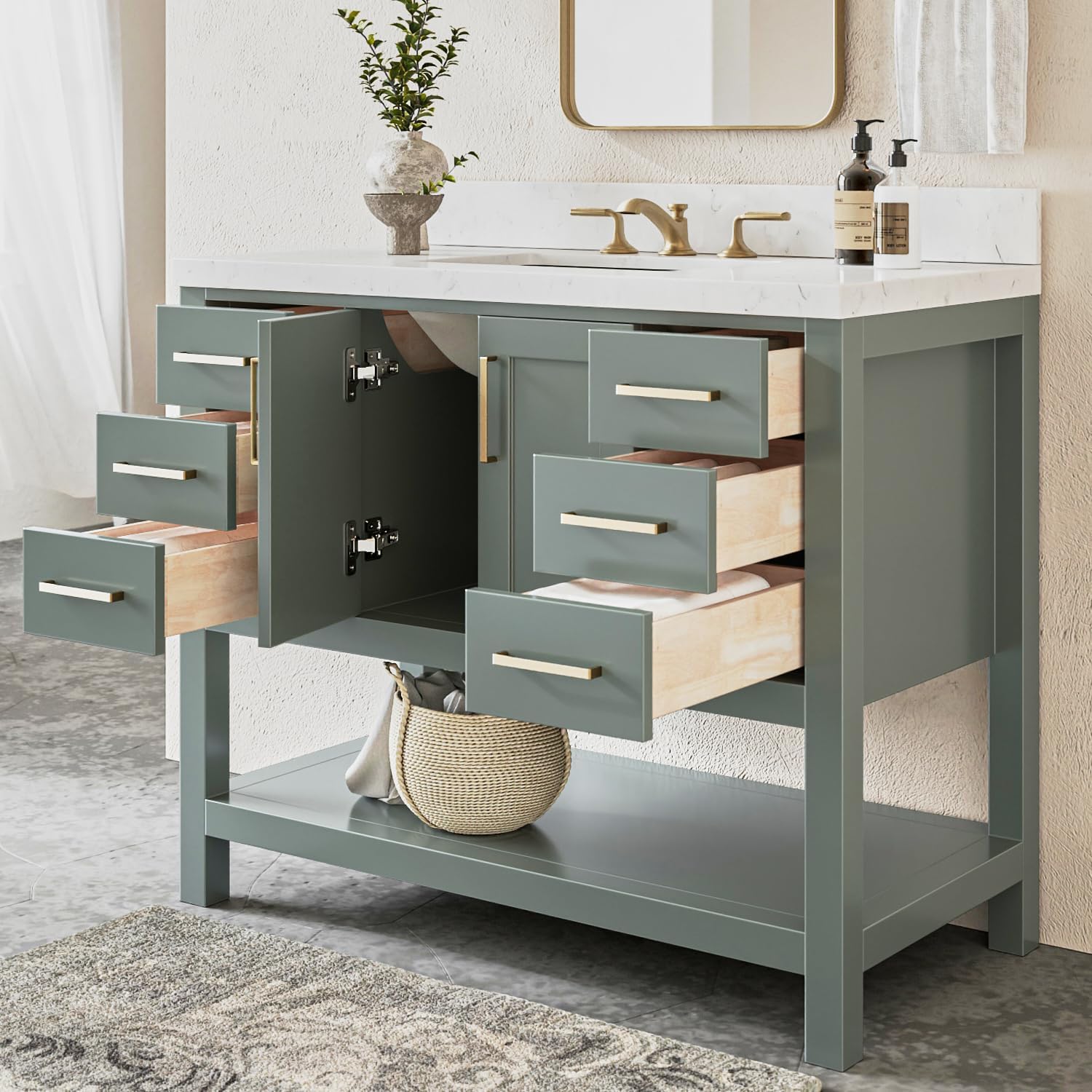 ARIEL Magnolia 42-inch Bathroom Vanity with Sink,Solid Wood, 1.5-inch Carrara White Quartz Countertop, Single Rectangular Porcelain Sink, 2 Soft Closing Doors, 6 Dovetail Drawers, Vintage Green