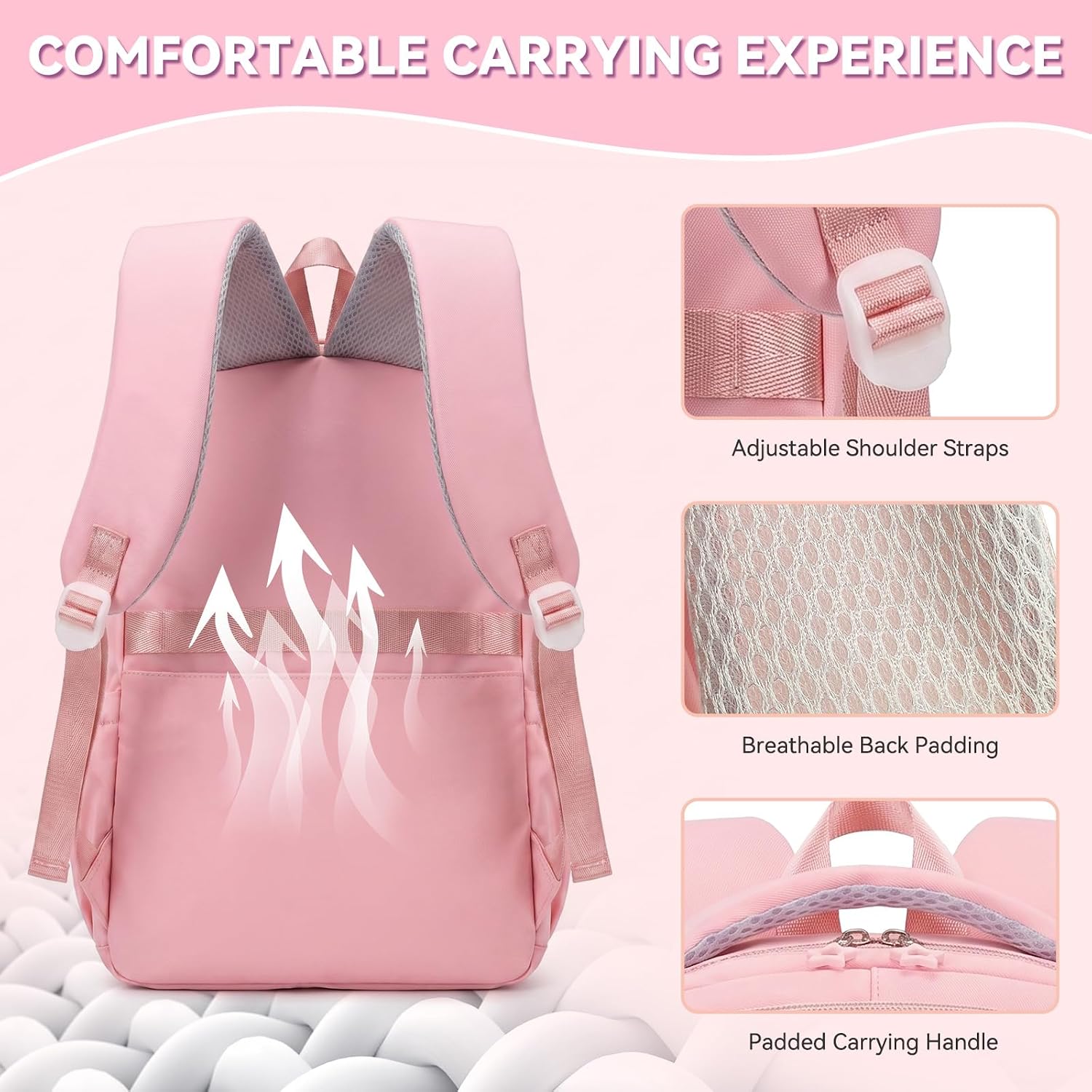 Kids Backpack for Girls - Girls School Backpack with Multiple Pockets, Cute Bookbag for Elementary Middle School Students (Pink)