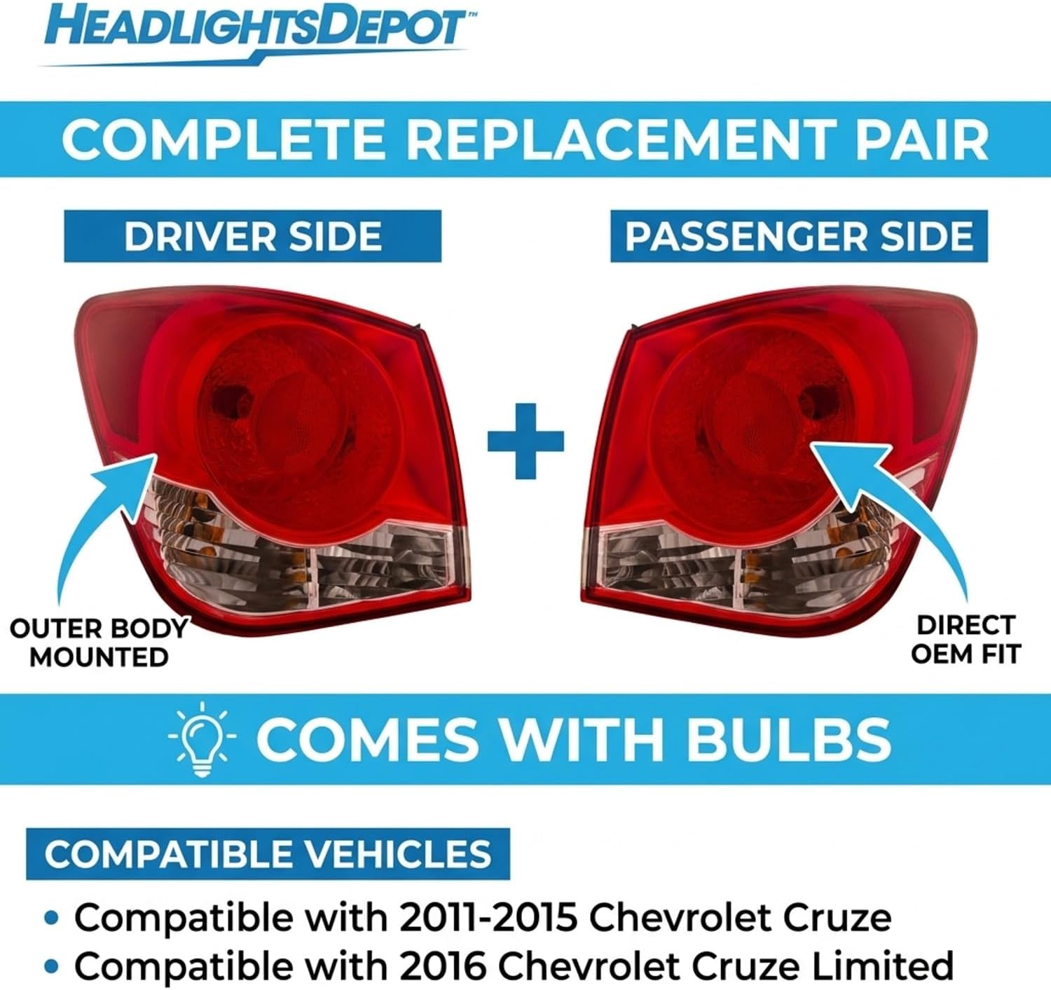 HEADLIGHTSDEPOT Tail Lights Set Driver Left Right Passenger Compatible with Fits 2011-2015 Cruze / 2016 Cruze Limited