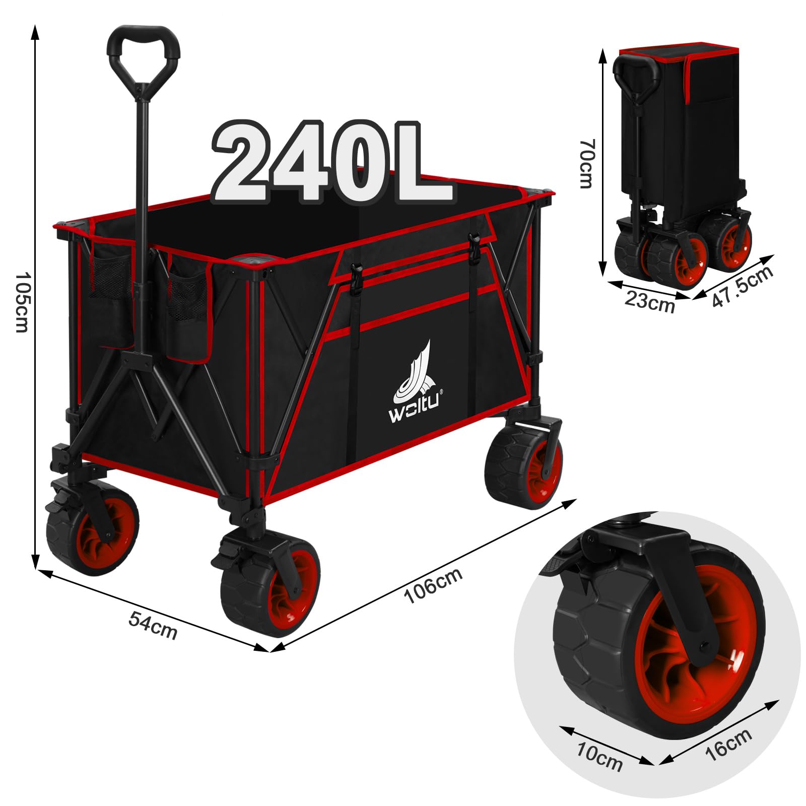 WOLTU Carrello Pieghevole con Ruote da Spiaggia, Giardino, Campeggio, Viaggio, Spesa, con Borsa di Trasporto, Oxford+Acciaio, Nero+Rosso