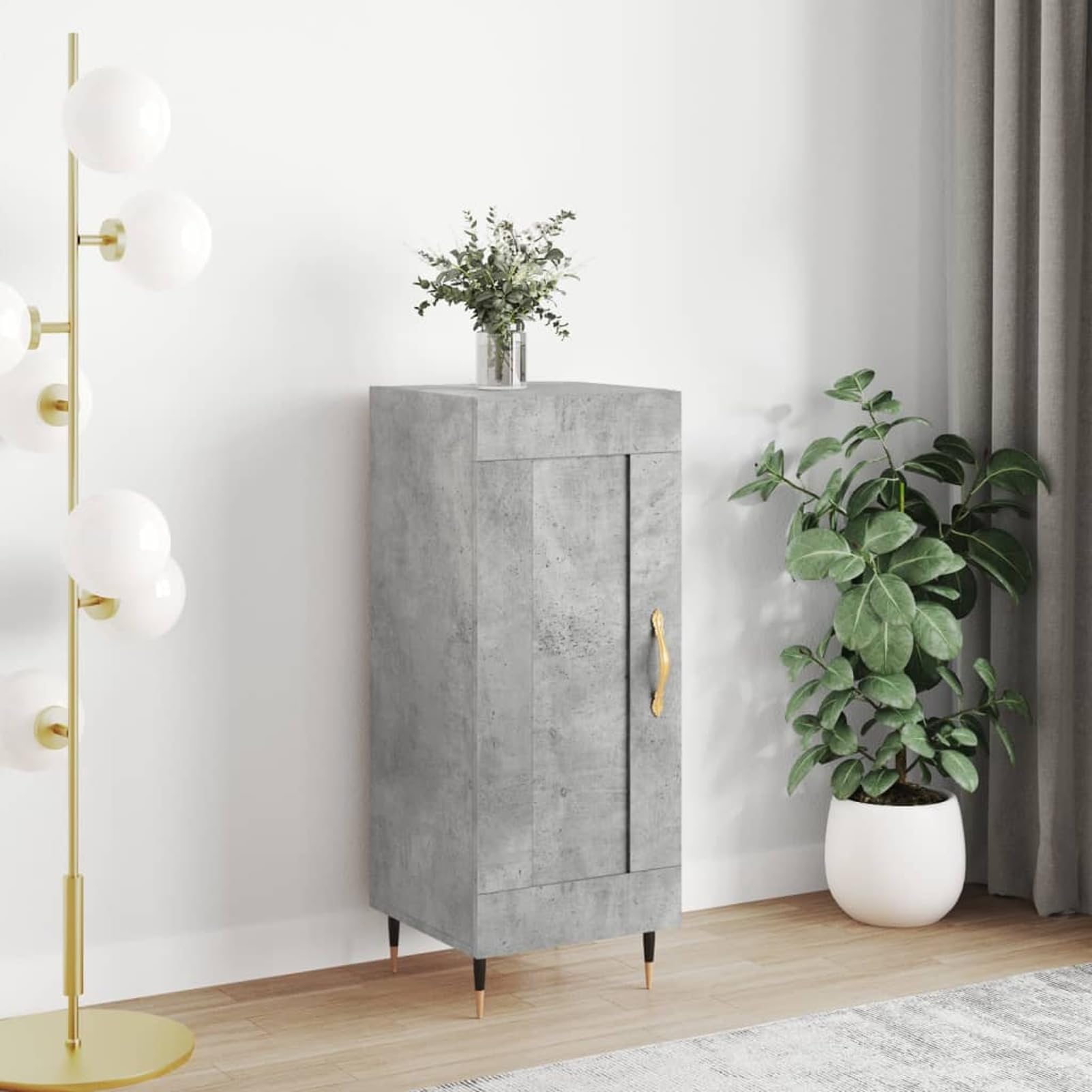 Kredens szary betonowy 34,5 x 34 x 90 cm, materiał drewnopochodny z metalowymi nogami – nowoczesny mebel do salonu zapewnia porządek w przestrzeni do przechowywania i prezentacji dekoracyjnej