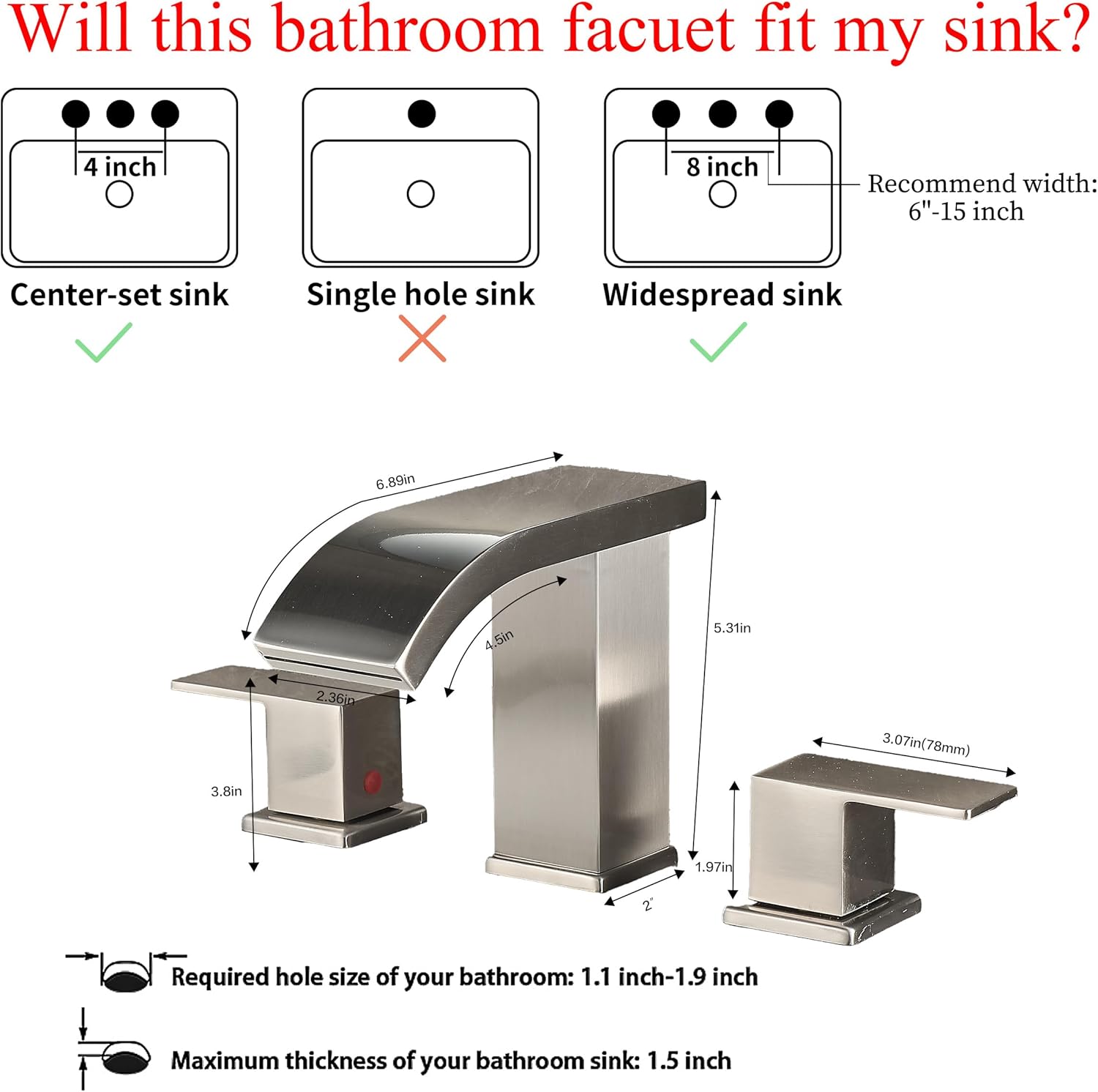 Bathroom faucets 3 Hole Widespread Brushed Nickel Bathroom Sink Faucet 8 inch LED Light Modern 3 Hole Vanity Faucet Bathroom with Pop Up Drain (Brushed Nickel)