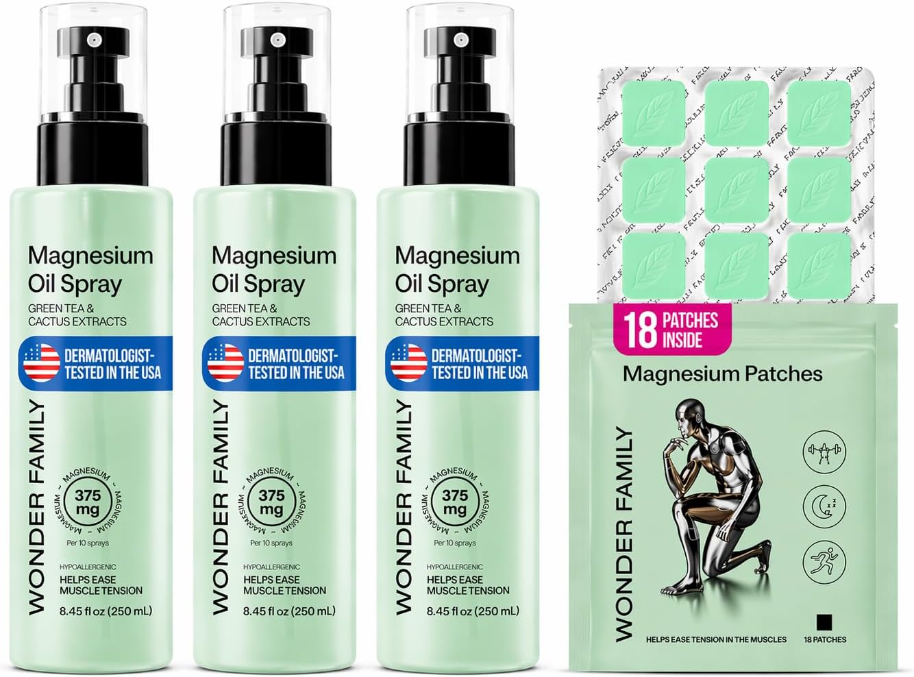 Pure Magnesium Oil Spray Set 3 Pack + 18 Patches — Topical Magnesium Mist for Feet & Body, Everyday Freshness Deodorant Use, Massage-Friendly, Stock Up Bundle, 3 x 8.45 Fl Oz