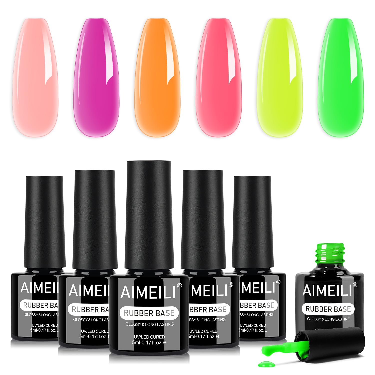 AIMEILI Rubber Base Gel Nail Polish,Shine Finish and Long Lasting Clear Builder Nail Gel Base Coat Soak Off Nail Art,Hema-Free, Cruelty-free, Vegan, Long Lasting & Easy to Apply - Set 6-125