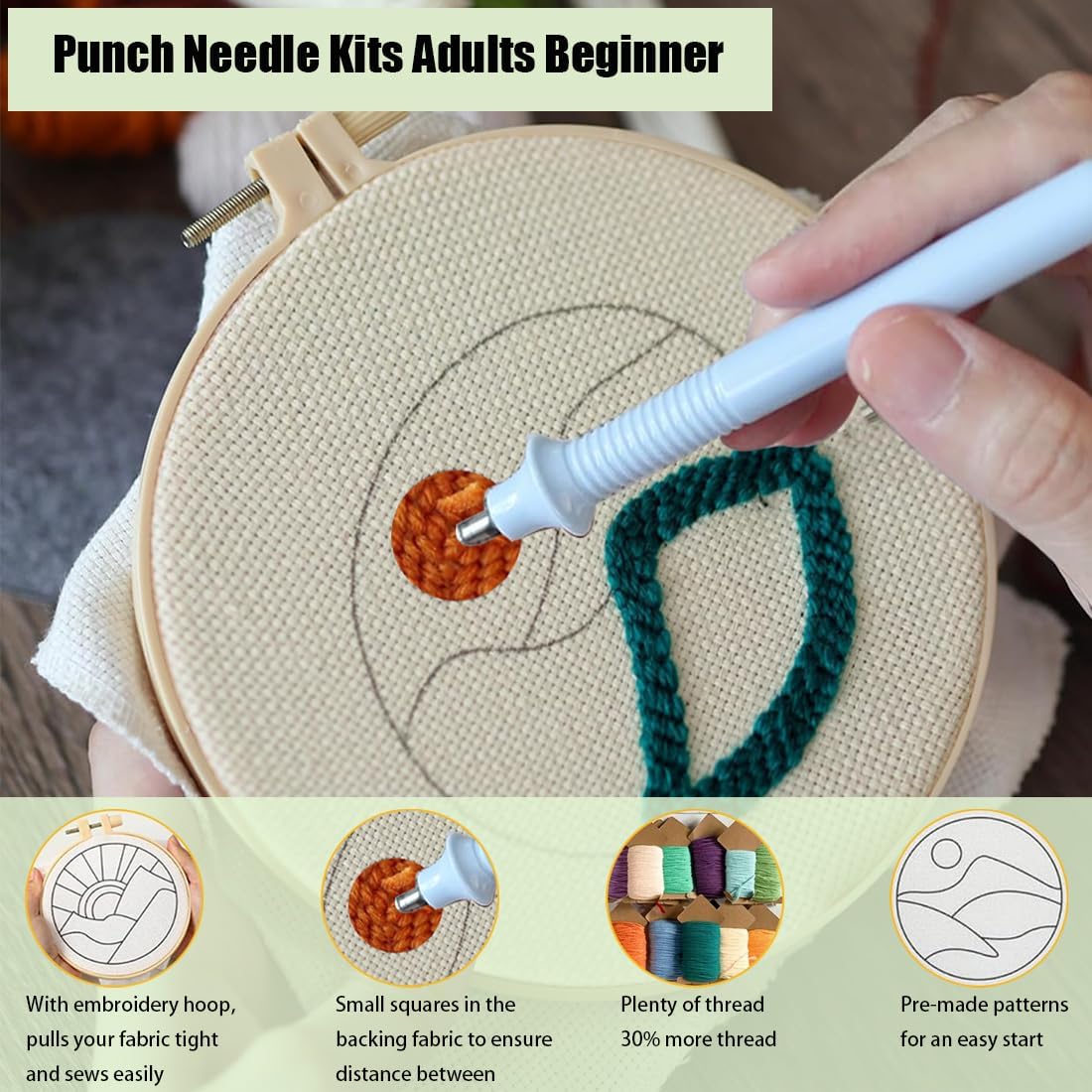 パンチニードルコースターキット、パンチニードルキット大人初心者、DIYクロスステッチキット、初心者向け刺繍キット、パターン、ツール、