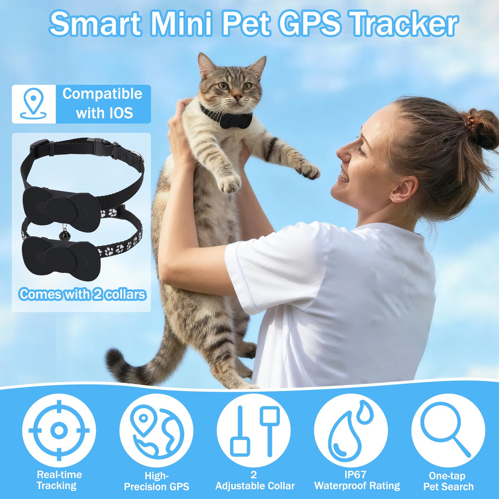 Domigard Collare GPS per Gatti e Cani con 2 Collari Regolabili, Localizzatore GPS con Apple Find My (Solo iOS), Impermeabile IP67, Senza Abbonamento Mensile, GPS Tracker per Gatti e Cani
