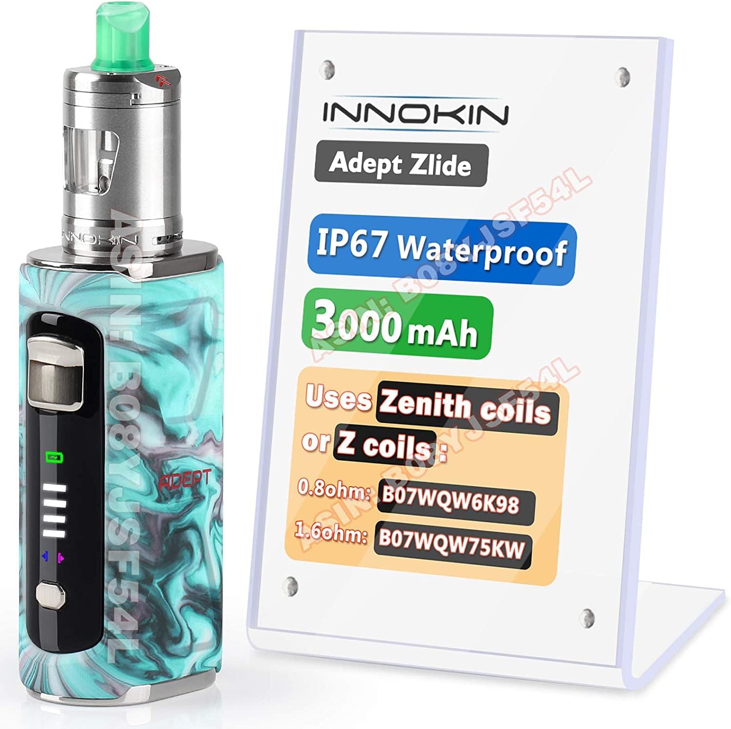 Innokin Adept Zlide Kit, 3000mAh E-Cigarette Vape 2ml Vapouriser Using Zenith Z-Coils, IP67 Waterproof, LED Display, MTL Smooth Vaping, Auto-Wattage-Selection, AMZ Edition, No Nicotine - Ocean