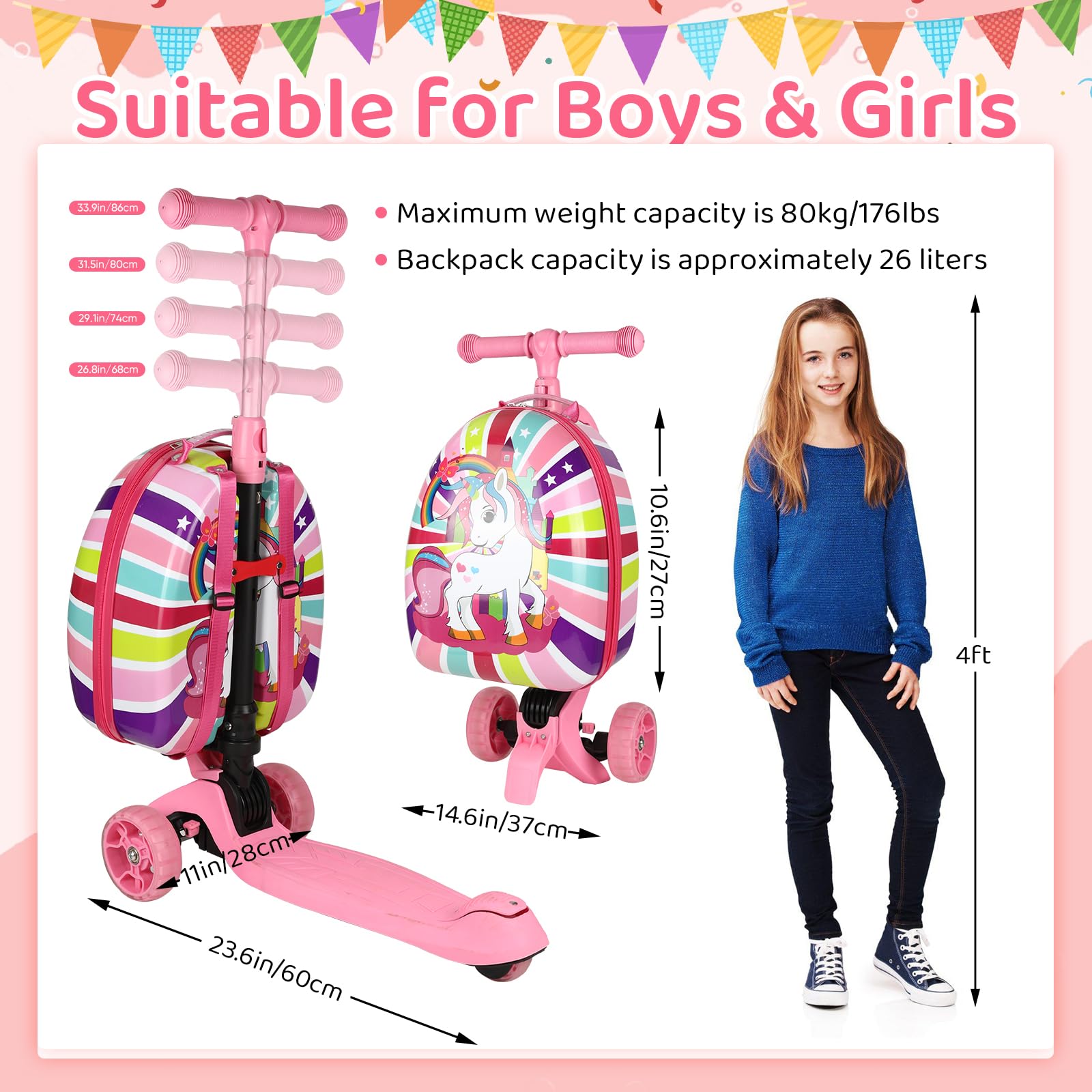Maleta 3 en 1 para patinete, maleta rígida 3D para niños con ruedas de luz LED, mango retráctil, plegable y altura ajustable para niños y niñas (rosa)