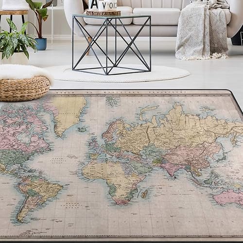 Naanle Alfombra de área vintage con mapa del mundo, de 5 x 7 pies, alfombra educativa de poliéster para sala, comedor, dormitorio, decoración del