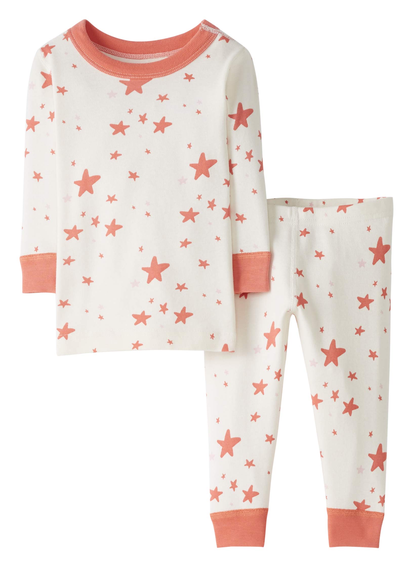 Moon and Back by Hanna AnderssonUnisex Kids' Organic Cotton Long-Sleeve Top and Bottom Pajama Set, Coral Orange, Stars, 4
