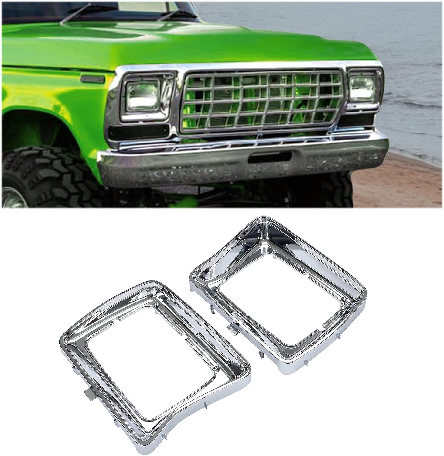 KUAFU Headlight Bezel Compatible with 1978-1979 Ford F-Series F-100 F-350 F-150 F-250 Bronco Replacement for D8TZ13064E D8TZ13064F FO2513115 FO2512114 Silvery Chrome Left Driver & Right Passenger Side