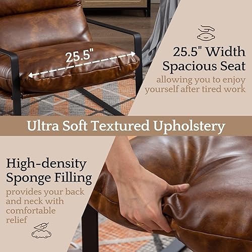 Miniatura 5 de LukeAlon Silla decorativa moderna de piel sintética PU, silla tapizada suave para sala de estar con marco de metal negro, cojín engrosado, silla