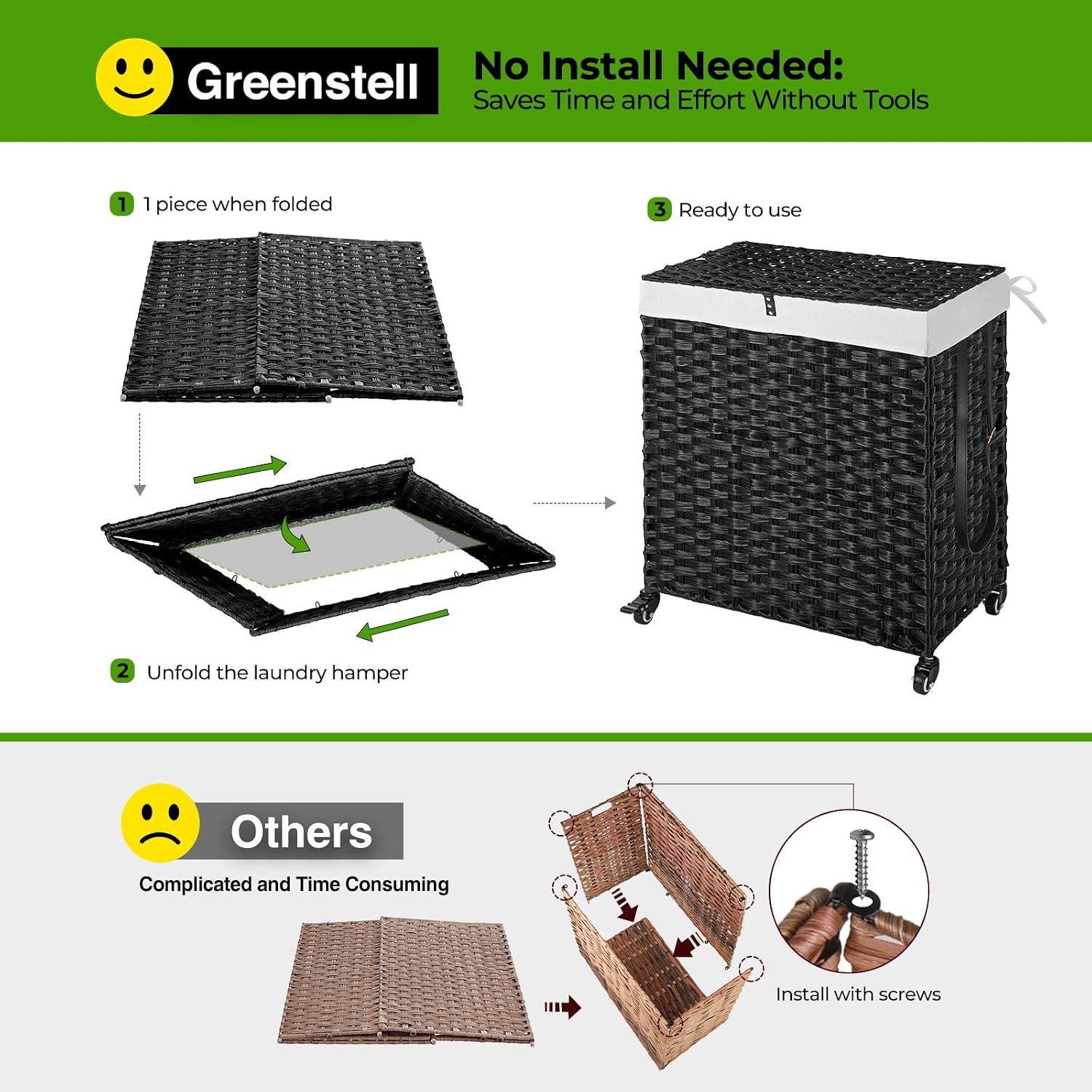 Greenstell Laundry Hamper with Wheels, No Install Needed, 110L Divided Handwoven Hampers & 2 Removable Liner Bags, Synthetic Rattan Clothes Laundry Basket with Lid & Handles, Foldable Hampers Black 22x13x26.4 In