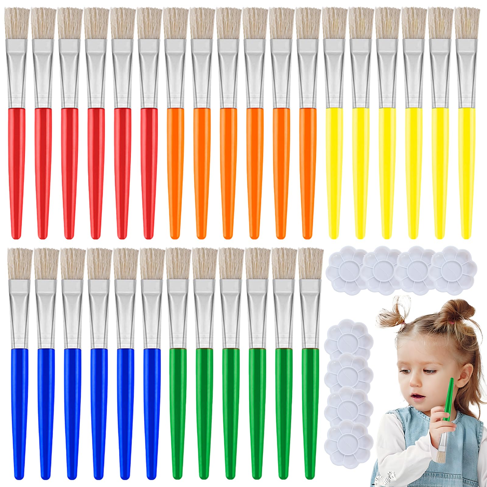 Uoxmiy White 30 Pcs Kids Paint Brushes Set, Childrens Paint Brush With 8 Painting Palettes, Round And Flat Paintbrushes For Watercolor, Oil, Acrylic Paints