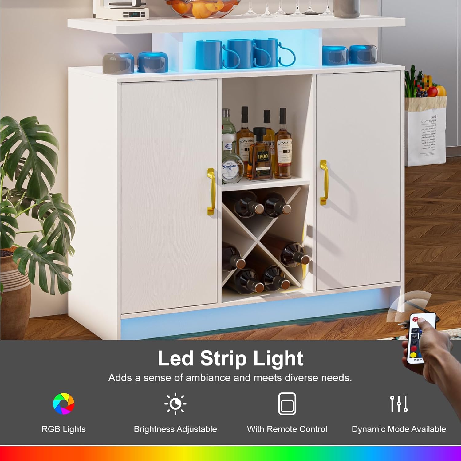 Wine Bar Cabinet with Power Outlet and LED Light, Coffee Bar Cabinet with Wine Rack, Storage Shelves and Cabinets, Large Space Liquor Cabinets for Kitchen Dining Room Living Room, White