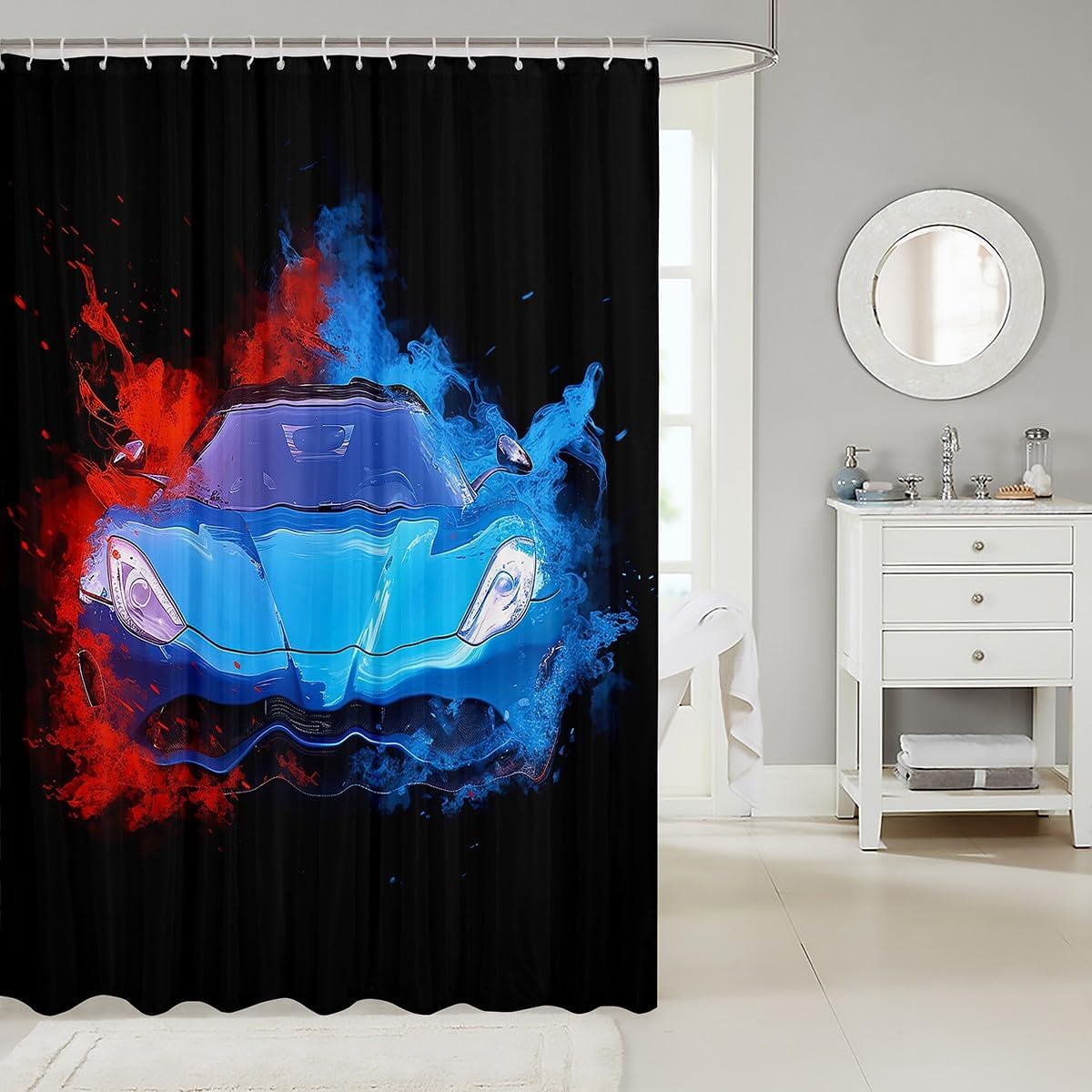 Teens Sports Car Bath Curtain Blue Race Car Shower Curtain for Boys Men, Red Blue Graffiti Splatters Waterproof Bathroom Curtain Cool Speed Racing Car Shower Accessories, Black Bathtub Decor