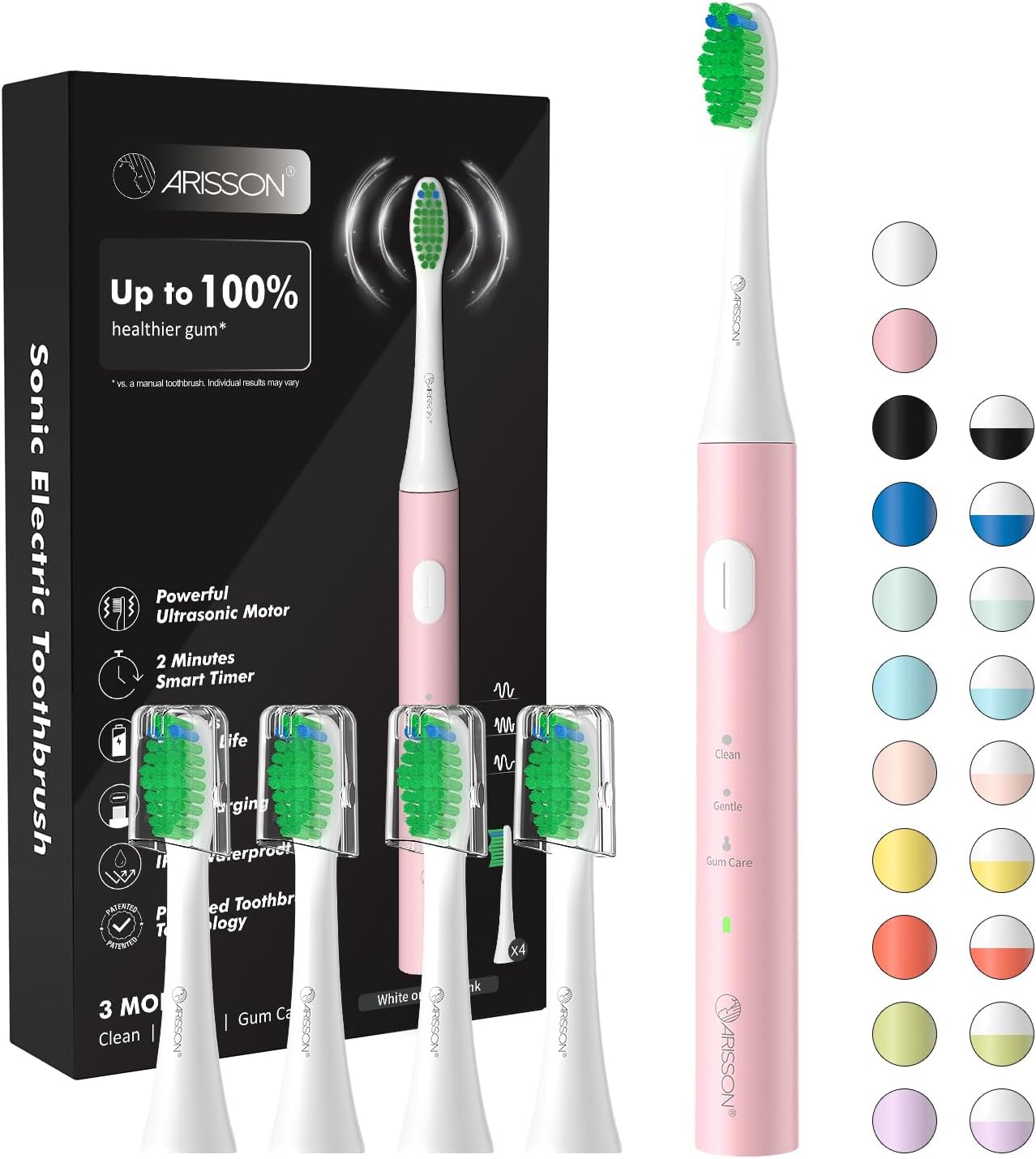 ARISSON Electric Toothbrush for Adults and Teen, Travel Sonic Toothbrush with 4 Duponts Brush Heads, 1.5H Fast Charge for 90 Days, 40,000 VPM Rechargeable Toothbrushes, White on Baby Pink