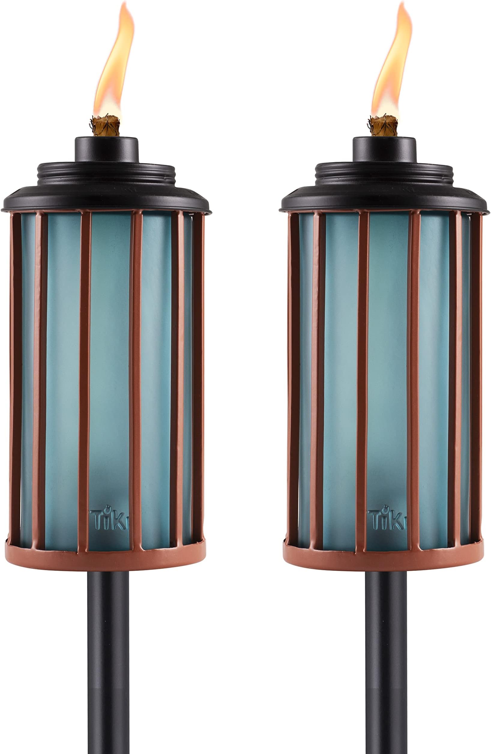 2-Pack Retro Stripe Glass Torches, 65-Inch Outdoor Decorative Torches for Patio, Backyard & Garden, Easy Install with Refillable Canister, Long-Lasting Wick & Snuffer, Blue & Copper