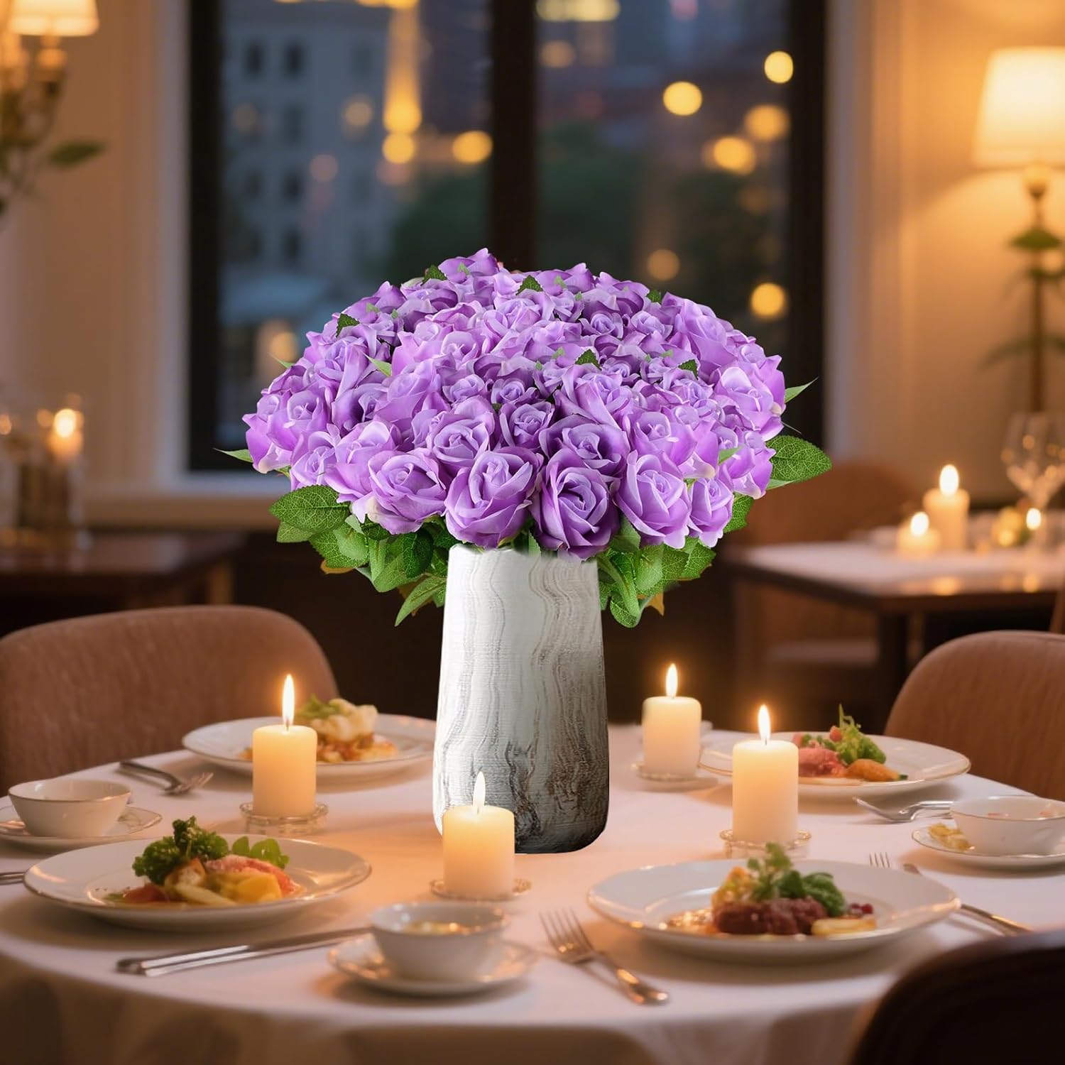 48 Pcs Silk Purple Rose Bouquet Bridal Artificial Flowers, Fake Rose Long Stem Realistic Artificial Flowers for Wedding Arrangement Centerpiece Party Decor (48 Purple)