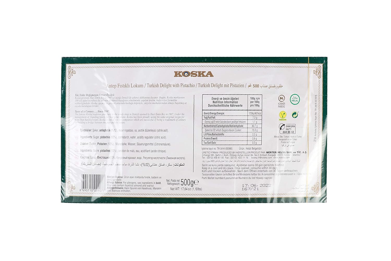 Koska Turkish Delight (Lokum) with Pistachio, 17.64 oz 1.10 Ibs 500 gr Lokum