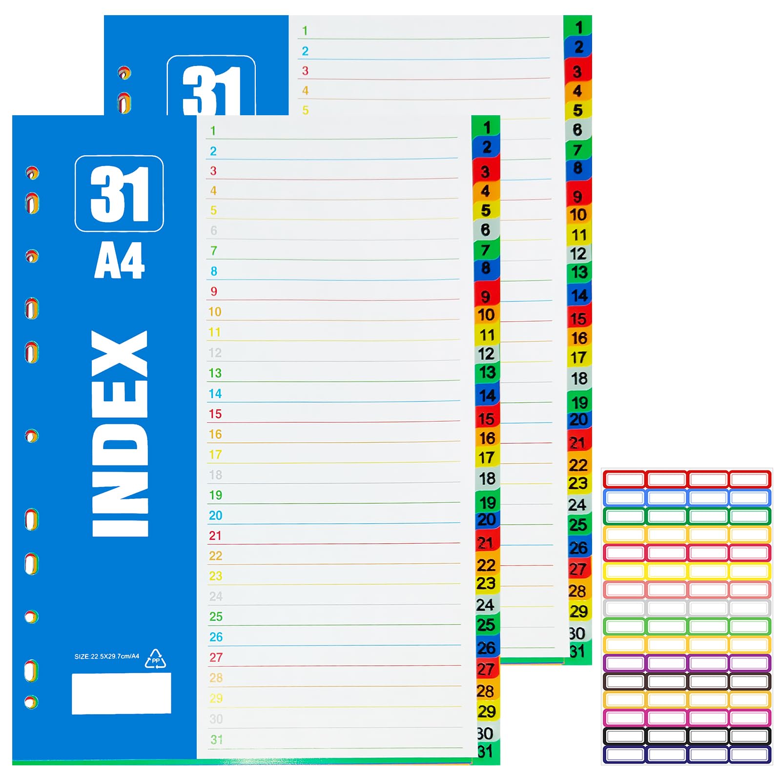 Yuaerbuo 2 Pack File Dividers A4 31 Part, 1 Sheet of Color Label Stickers Coloured Folder Dividers Numbered 1-31 Folder Divider Plastic Divider for Lever Arch Files Office School Home