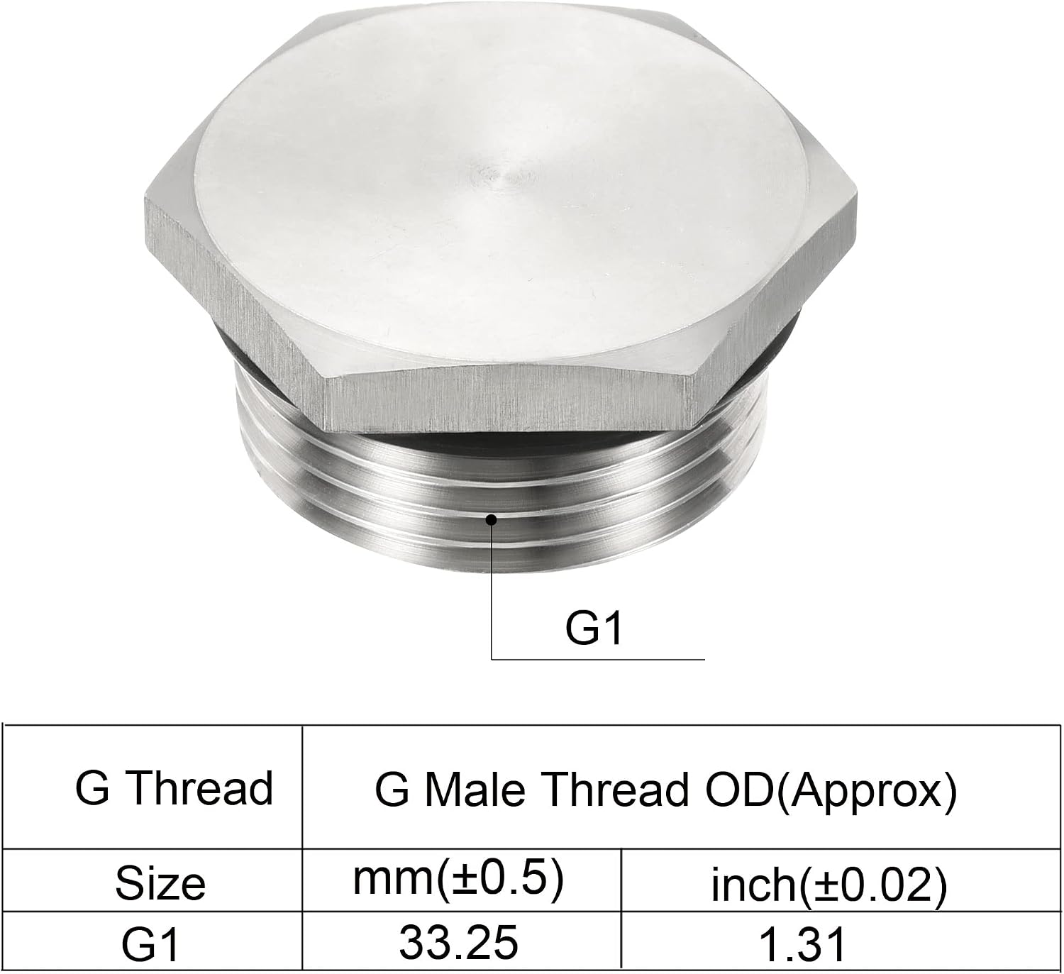 PATIKIL G1 Male Plug, 1 Pack Waterproof Dustproof 304 Stainless Steel Thread Hex Head Socket Solid Pipe Fitting with Sealing Rubber Ring