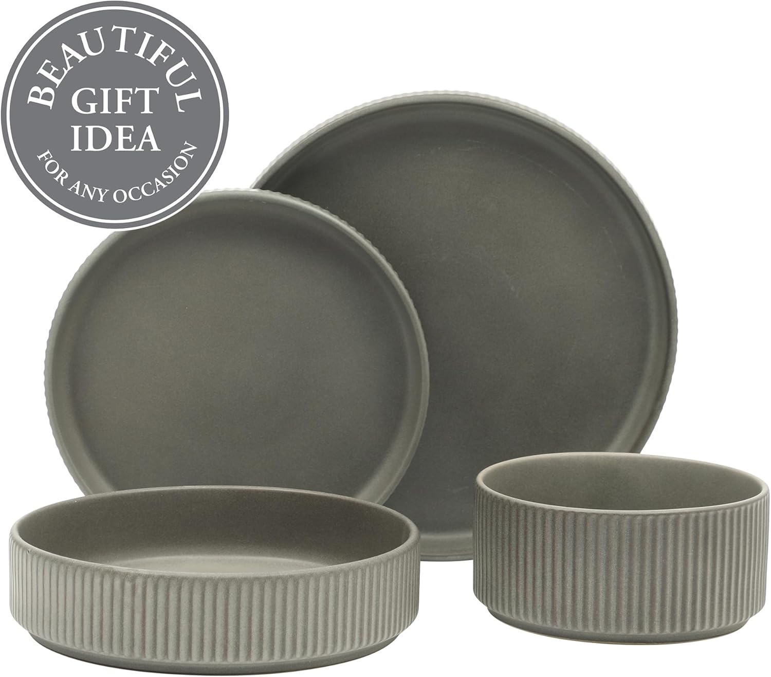 Gibson Elite Deerfield 16-Piece Stoneware Dinnerware Set – Soft Grey Reactive Glaze, Stackable Plates and Bowls, Service for 4 – Microwave & Dishwasher Safe - Image 4