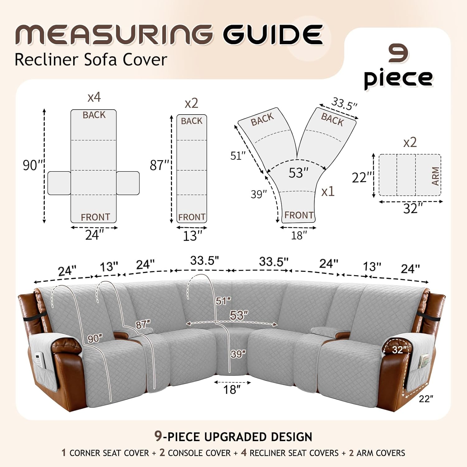 Arfntevss Waterproof Recliner Sectional Couch Covers for Reclining L Shape Sofa Cover Non Slip Washable L Shaped Slipcover Sets for Dog Furniture Protector (5 Seat with 2 Console Cover, Dove Gray)