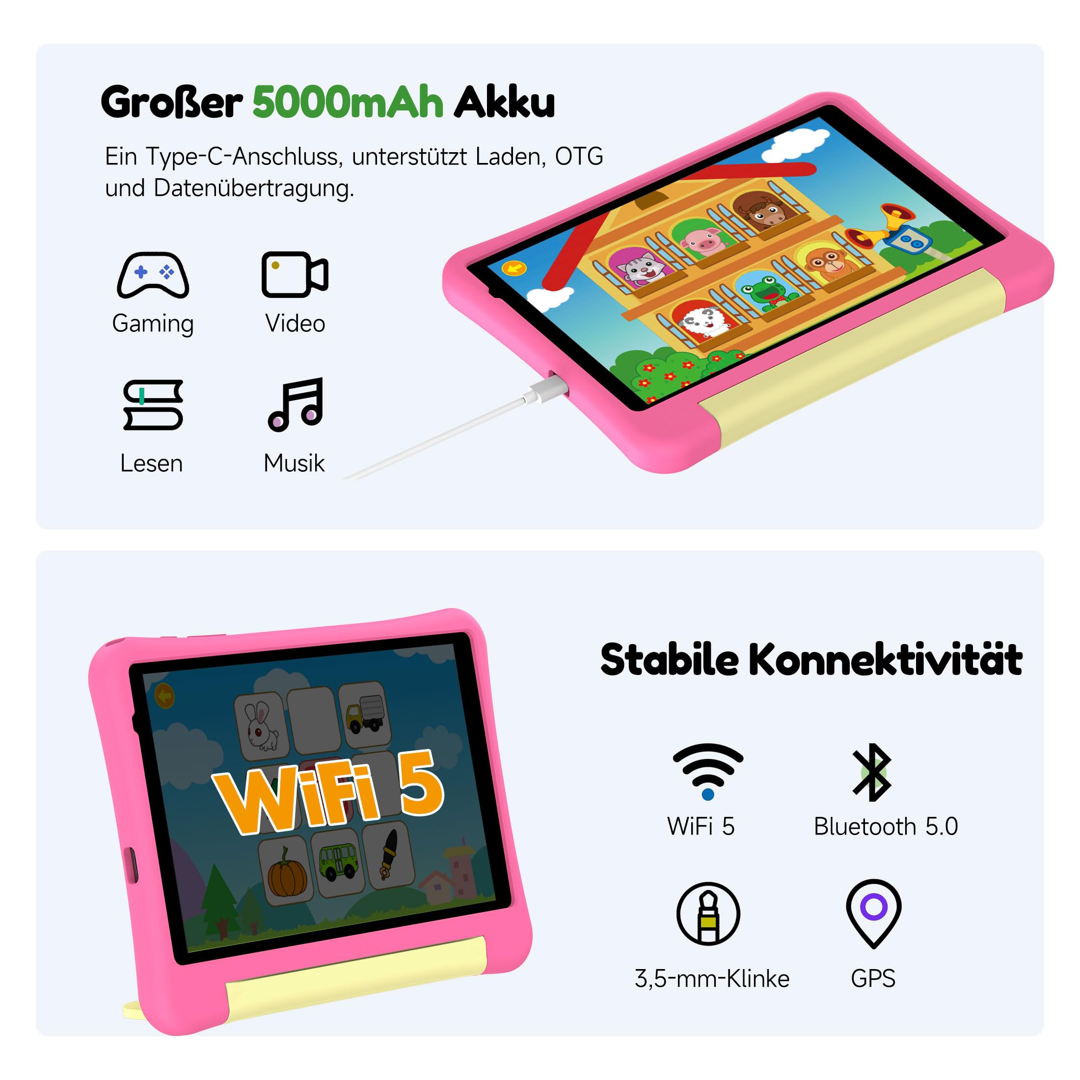 ALLDOCUBE KIDO Kinder Tablet 8 Zoll Android 15 Go, 32GB ROM + 512GB TF-Karte, Kindersicherung, iWawa, 5G WLAN, Unisoc T310, 5000mAh, 2 Lautsprecher, 3,5mm Buchse, Kinder Tablet mit Schutzhülle – Rosa