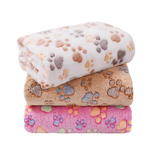 LINENLUX Dog Blankets 3-Pack, Super Soft Fluffy Fleece Pet Throw Warm | Premium flannel fleece pet throw for cats, puppies. Cozy warm for bed, crate, or couch naps; Dog Paw-3pcs 23x16 inch
