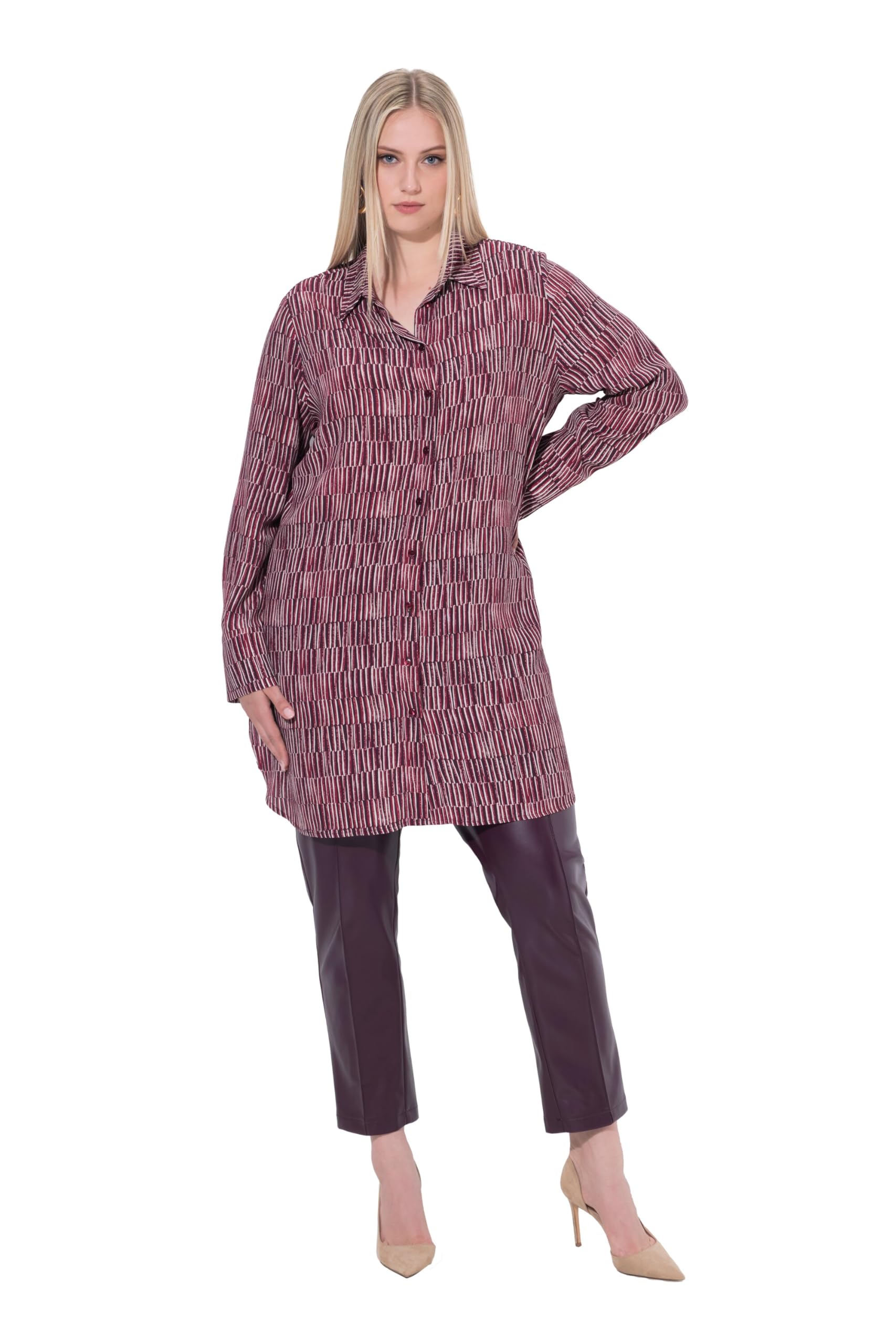 Ulla Popken Damen große Größen Übergrößen Plus Size Longbluse, Streifen, A-Linie, Hemdkragen, Langarm 843588