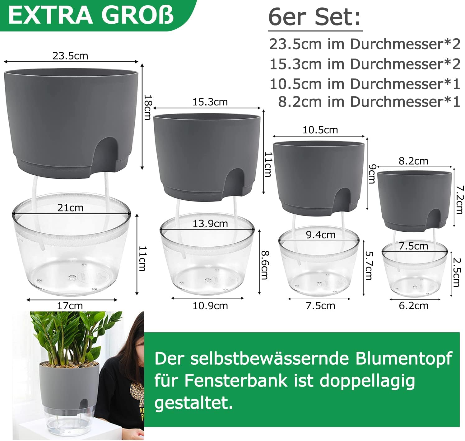 iDattel Flower Pot with Watering System, Herb Pot Kitchen Set, Windowsill, Self-Watering, Set of 6, Herb Garden for the Kitchen, 23.5/15.3/10.5/8.2 cm, for Fresh Kitchen Herbs, Grey Grey-set of 6