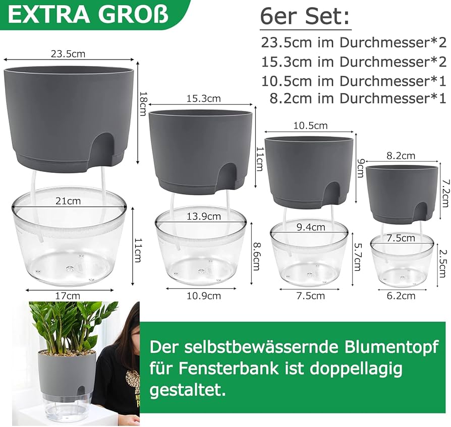 3 Vasi Con Autoirrigazione In Plastica 15,3 Cm - Con Indicatore Livello Acqua E Corda Di Cotone - Grigio - 2