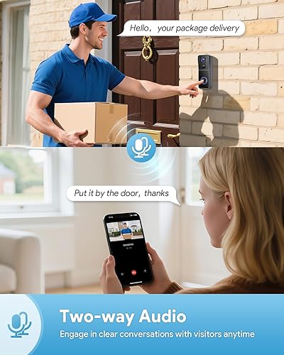 Miniatura 4 de AUE Timbre de puerta inalámbrico, timbre de video HD 2K con timbre de anillo, funciona con pilas, visión nocturna, audio de 2 vías, detección de