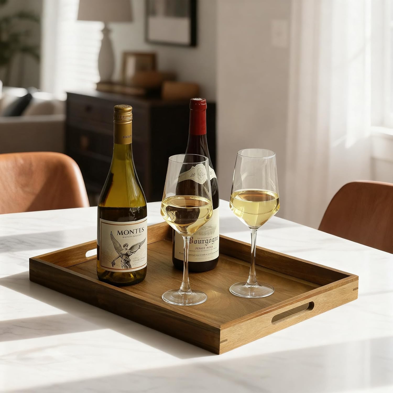 17 inch Acacia Wood Serving Tray with Handles, Decorative Display Tray for Coffee Table, Breakfast in Bed, Food Dinner - Image 4