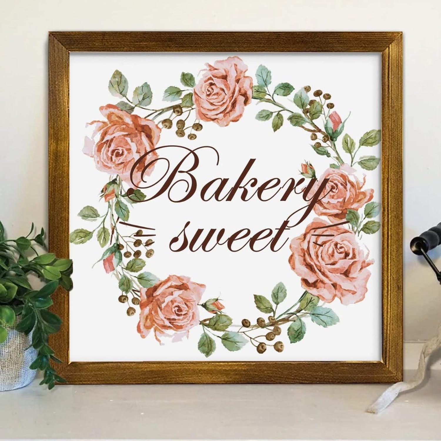 Floral Flower Wreath Bakery Sweet Retro Decorative Wooden Framed Sign for Living Room Bedroom Kitchen Home Decor 12x12 Inch,Rustic Wood Sign with Frame Housewarming Gifts