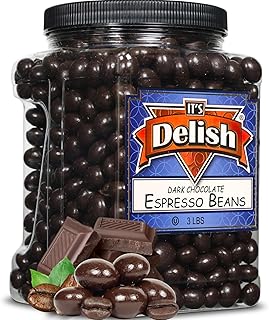 Dark Chocolate Covered Espresso Beans - by It's Delish, 3 Lbs Jumbo Container | Coffee Lovers Snack | Gourmet Chocolates Candy Snacks | Made in USA, Vegan, Kosher